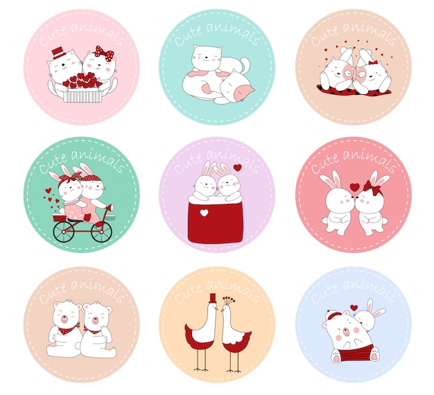 Sticker with the cute posture cartoon baby animals. Hand drawn Valentines day.