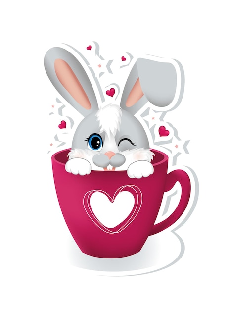 Sticker with pink hearts and little rabbit hare sitting in the cup