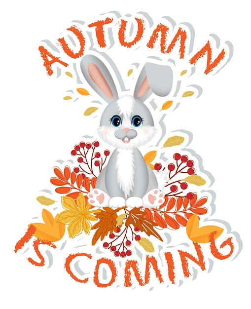 Sticker with symbol of the 2023 year Cute little rabbit hare is sitting with autumn leaves