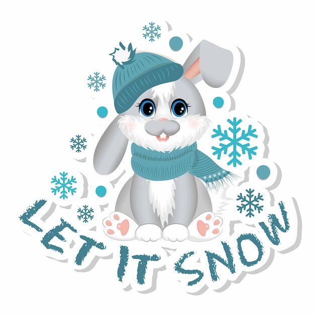 Sticker with symbol of the 2023 year Cute little rabbit hare sitting in snow