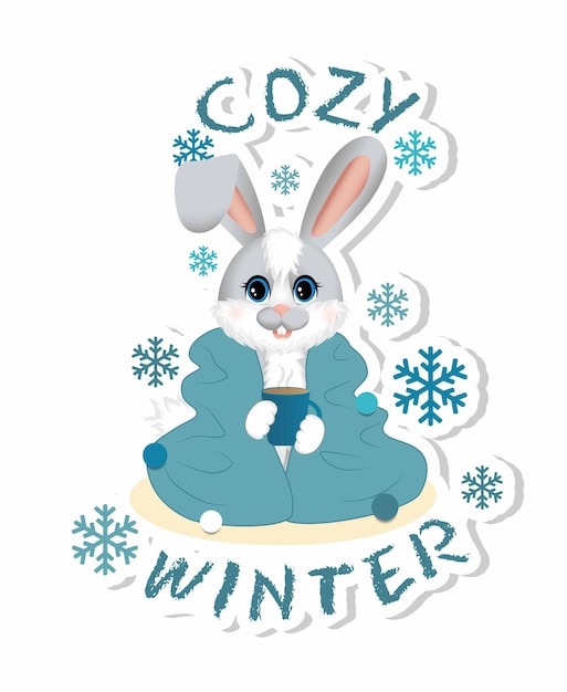 Sticker with symbol of the 2023 year Cute little rabbit hare sitting with cup of tee