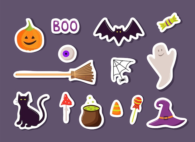 Stickers Cartoon set of Halloween icons vector doodle illustration holiday elements day of the dead