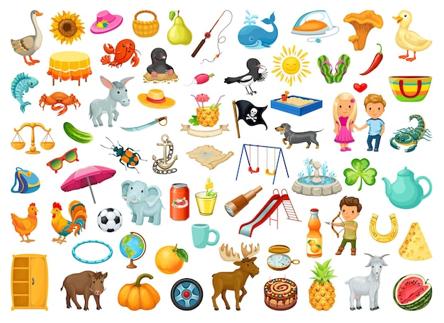 Stickers for children with animals plants food objects