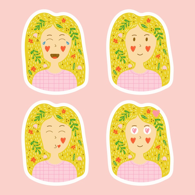 stickers in hand drawn style. set of emotions of a young blonde girl.