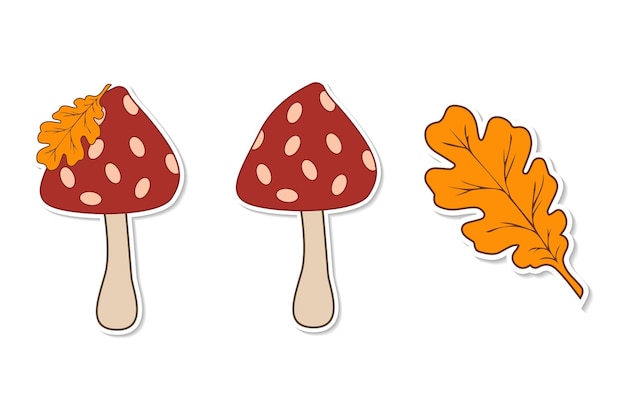 Stickers of mushroom fly agaric and oak leaf. Cute cartoon autumn seasonal set.