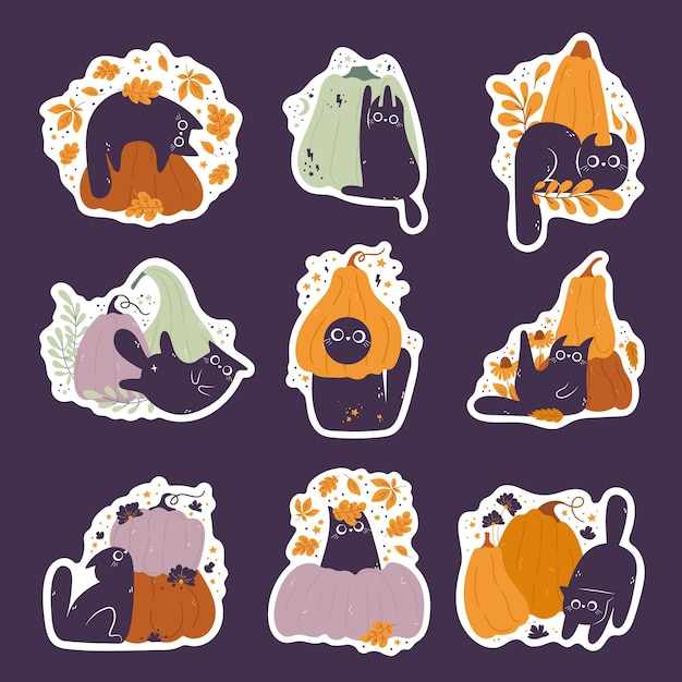 Stickers pack with cute black cat and pumpkins Kawaii Cat plays with pumpkin and leaves Autumn seasonal october hand drawn design