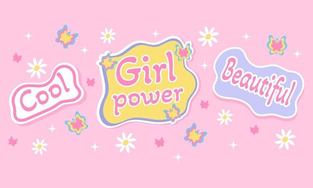 Stickers (The power of girls, Beautiful, Cool) with butterflies in style y2k