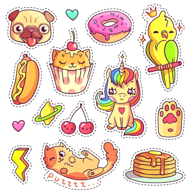 Stickers set in 80s90s pop art comic style Patch badges and pins with cartoon animals sweet Vector