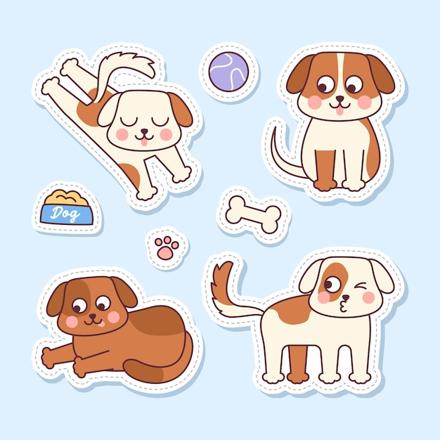 stickers set of four cute dogs with dogs accessories illustrations on light pastel blue background