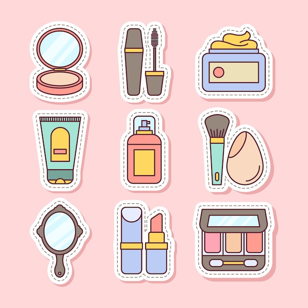 stickers set of makeup tools vector illustrations on soft pink background