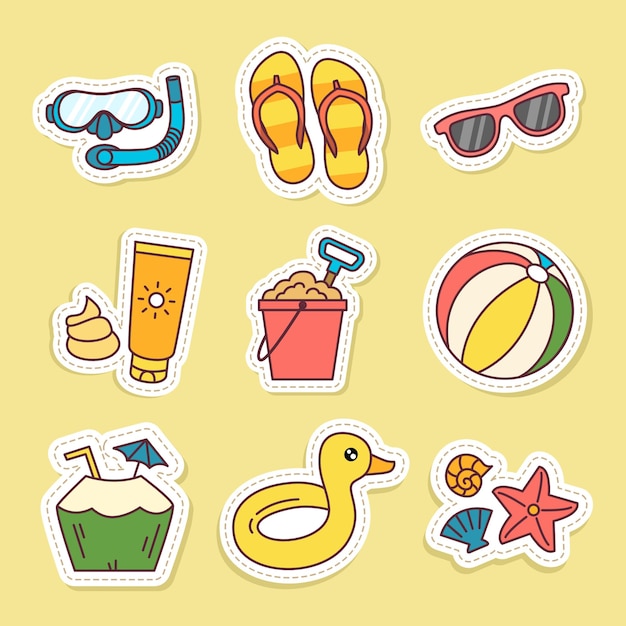 stickers set of summer items vector illustrations on yellow background