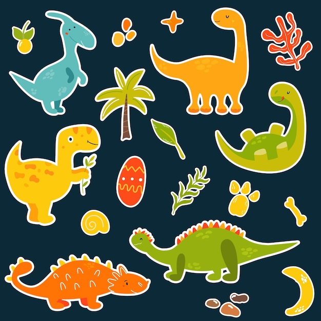 Stickers set with cartoon cute dinos