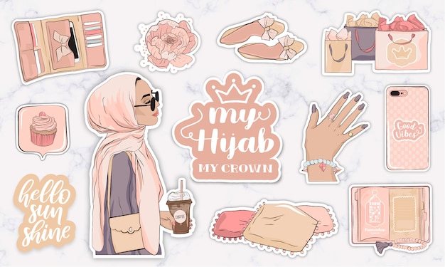 Stickers set with objects and a modern Muslim young woman wearing a hijab