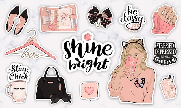 Stickers set with quotes, objects and a girl taking a selfie