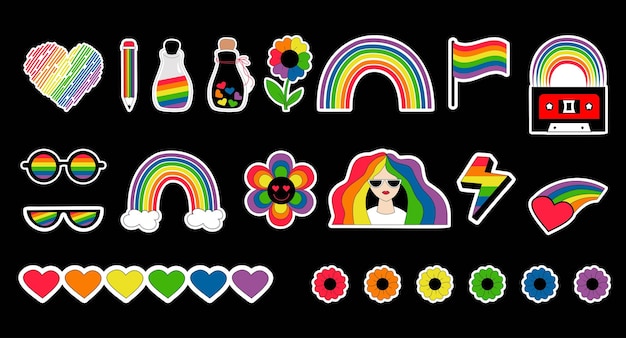 stickers symbols LGBT community LGBTQ icon Lesbian pride flag retro love elements groovy celebration