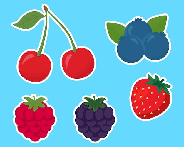 Stickers with cartoon berries Cute strawberry raspberry blueberry cherry and blackberry