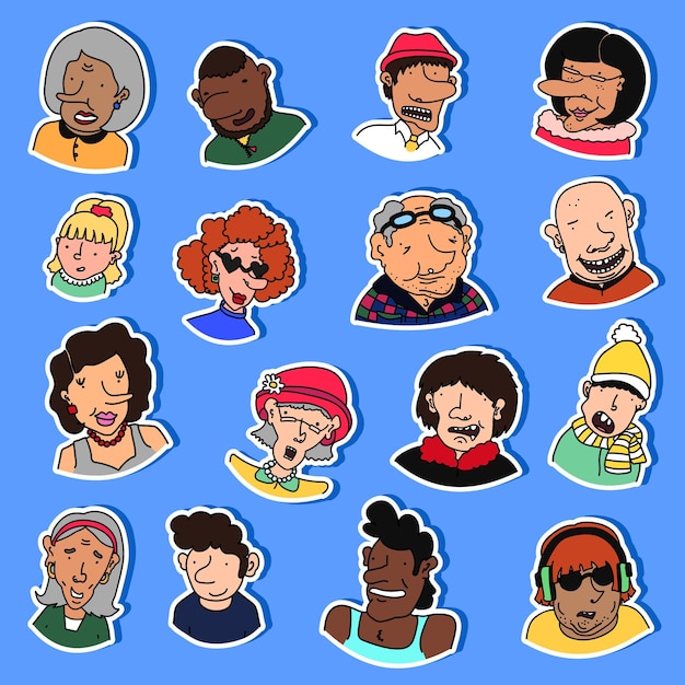 Stickers with cartoon characters with different emotions. Set of labels, patches with human portrait