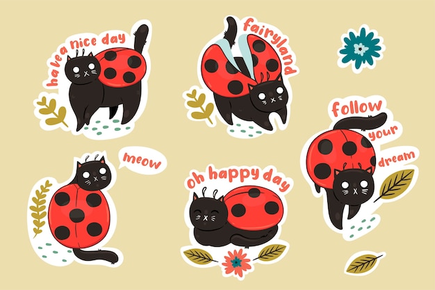 Stickers with cat ladybirds and inscriptions