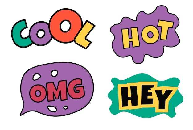 Stickers with text cool hot omg and hey pack