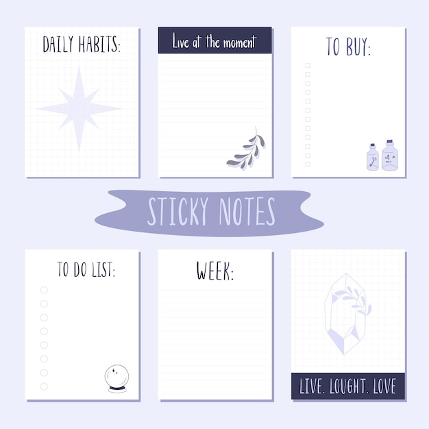 Sticky notes with magic herbs bottles and stars