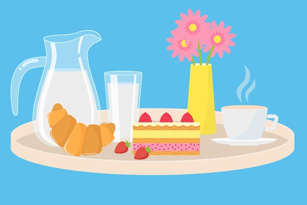 Still life of Breakfast products milk croissant cake coffee strawberries Vector illustration