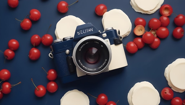 Vector still life image of a blue camera with a silver lens surrounded by red cherries and white circles on a dark blue background