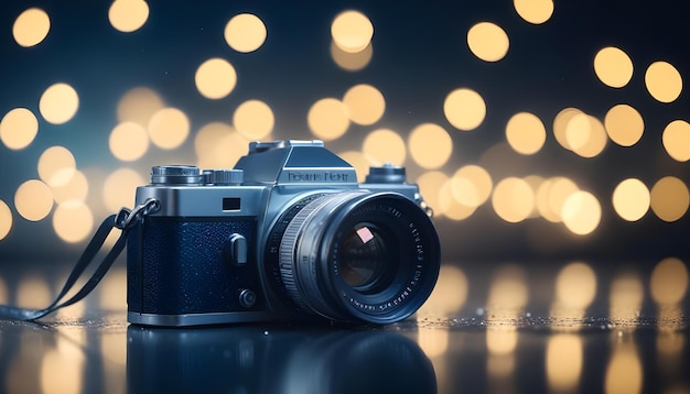 Vector a still life image of a vintage camera with a black strap on a table with a blurred background of golden bokeh lights the camera is classic and stylish creating a sense of nostalgia