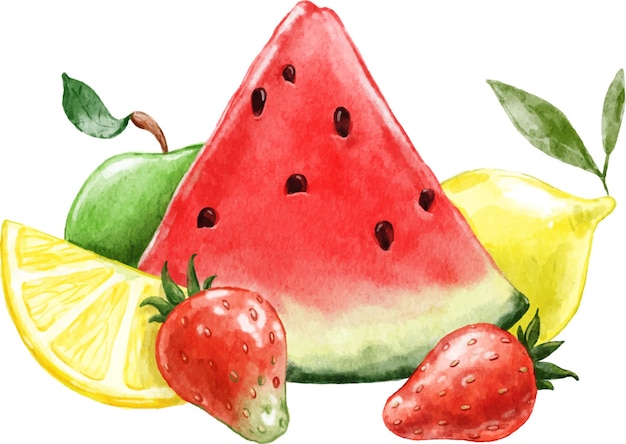 still life print with watermelon lemon strawberry painted in watercolor