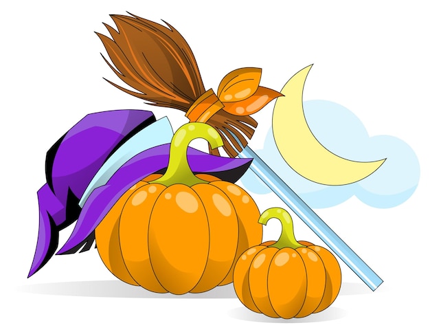 Still life of pumpkins a witch's hat and a broom against the night sky Illustration for Halloween