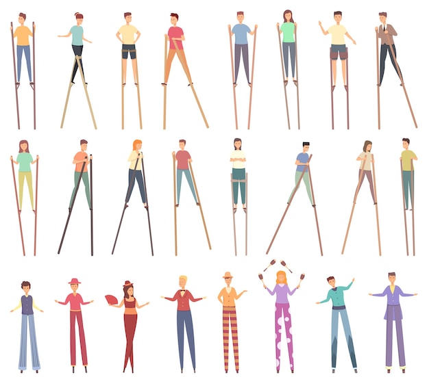 Stilt icons set cartoon vector Active children People play