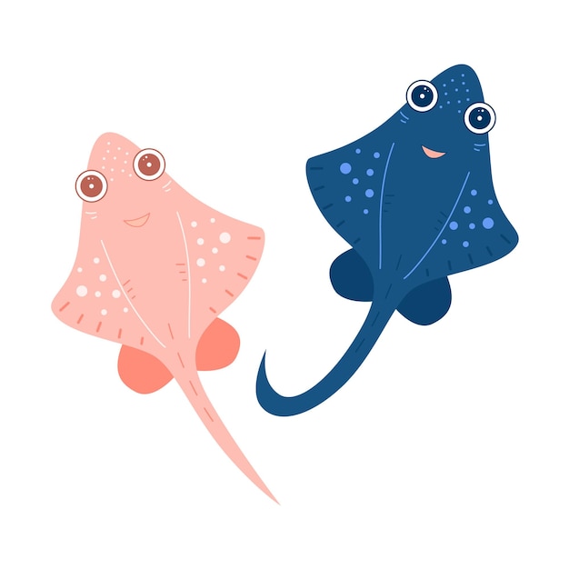 Stingray couple Pink and blue color Marine animal life Under the water Cartoon vector illustration