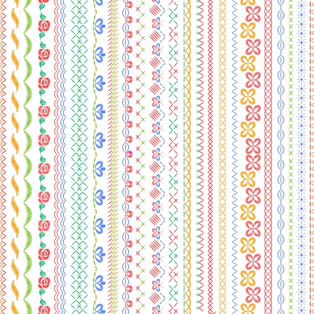 Stitched seamless borders Embroidery stripes geometric and floral stitches Sew fabric lines decorative thread embroidered Tailor nowaday vector set