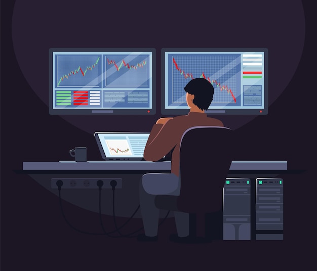 Vector stock broker sitting at trader desk in front of computer screen flat vector illustration trading roo