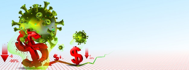 Stock exchange sinks and the global economy crash caused by the Coronavirus in 2020. Showing dollar currency collapse or fallout by covid-19.