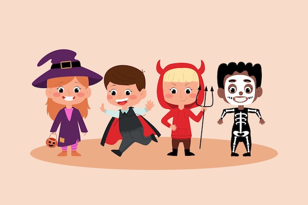 stock halloween children in costumes. Witch, dracula, skeleton and devil party dresses.