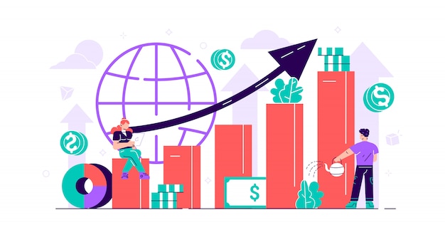 Stock market concept. Money growth persons with positive and successful indicators. Global investment business value improvement. Finance and economy profit with coins. Flat mini  illustration