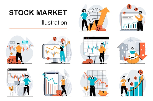 Vector stock market concept with character situations mega set vector illustrations