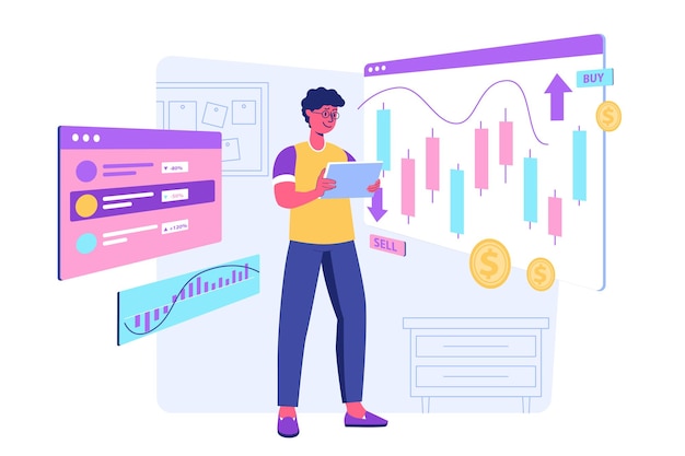 Stock market concept with people scene for web Man working at stocks exchange and making financial operation trading and investing in global business Vector illustration in flat perspective design