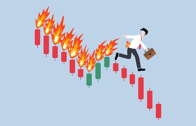 Stock market crash concept. Businessman trader running away from downtrend fired candlestick graph.