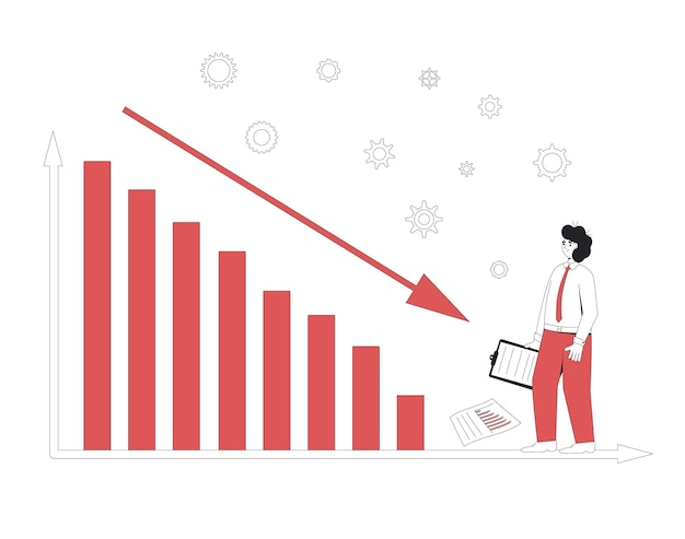 Stock market crash Global economic crisis concept Retail trader looking at share price going down graph Vector line art illustration