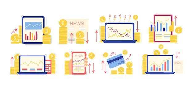 Stock market and currency A set of icons and flat illustrations on the topic of money the fall and growth of stocks cryptocurrencies Vector illustration