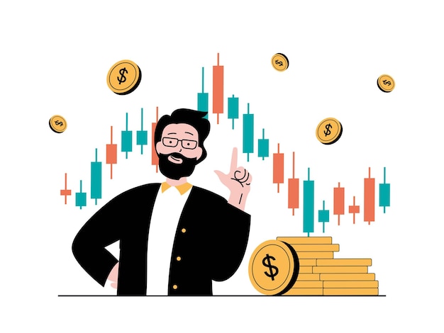 Stock trading concept with character situation Man analyzes market data and trends invests money and receives profit from trading Vector illustration with people scene in flat design for web