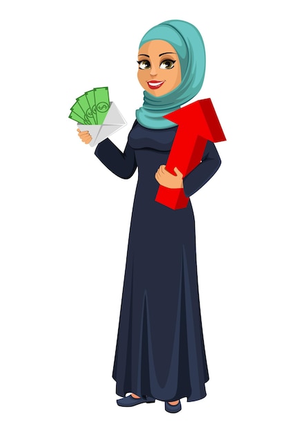 Stock vector Arabic business woman holding money and red arrow