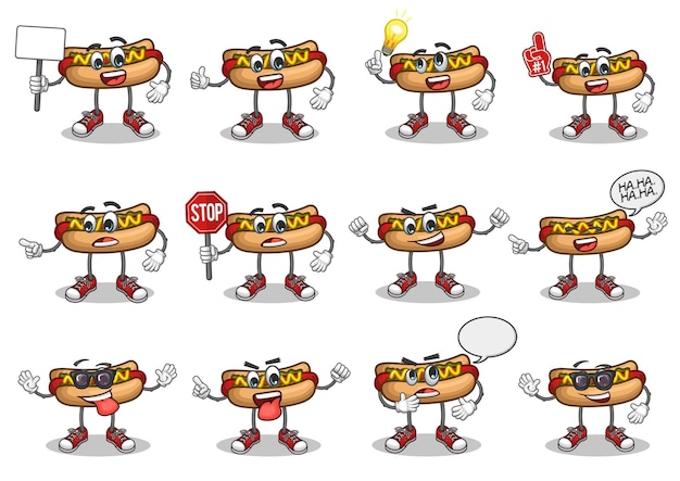 stock vector set of cute hotdog cartoon mascot with face expression on a white background