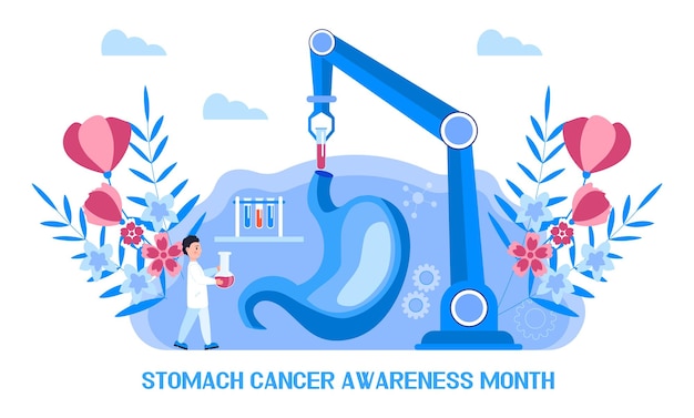 Stomach cancer awareness month concept vector Event is celebrated in November Tiny doctors research stomach Gastroenterology illustration for medical blog website