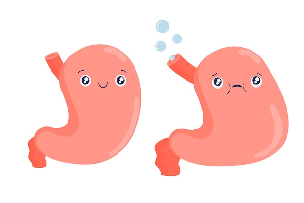 Stomach cartoon character Bloating heartburn nausea belching Healthy and bloating Cartoon