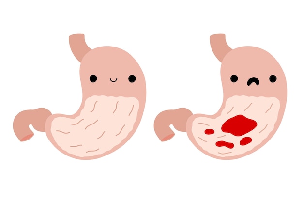 Stomach pain character. Healthy and ailing stomach. Cartoon internal organs. Gastritis