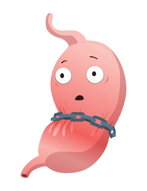 Stomach troubles icon Sad suffering sick human stomach Vector flat cartoon illustration design Unhealthy stomach face character Digestive tract with stomach ache