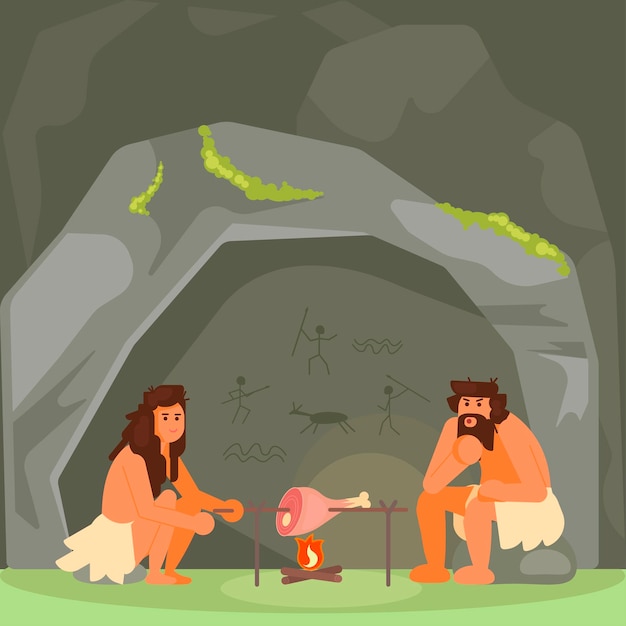 Stone age couple cooking meat vector illustration