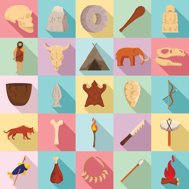 Stone age icons set, flat style